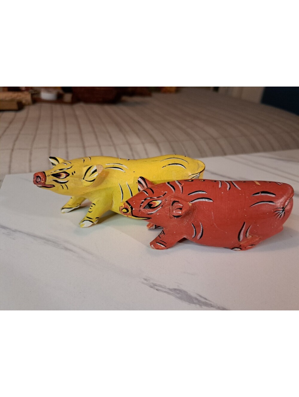 Vintage Set-2 Hand Carved Primitive Folk Art Style Painted Wooden Pig Figurines